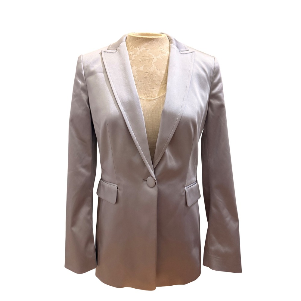 White House Black Market Silver Satin Single Button Blazer Size 4 Pick Stitching